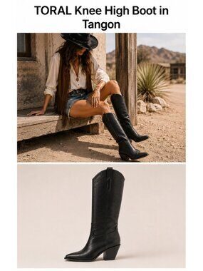 TORAL Tangon Black Leather Western Knee High Cowboy Boots Approx US 9.5